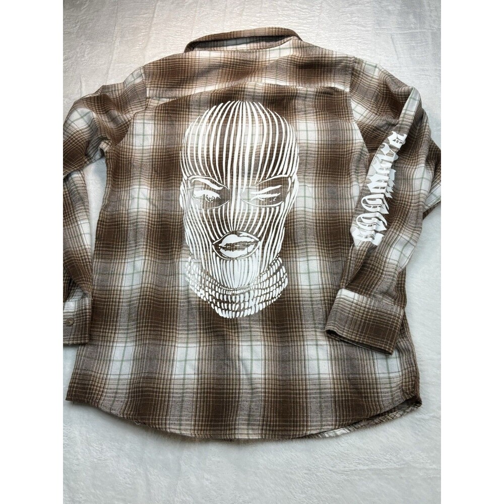 BADWOOD OG Ski Mask Flannel Shirt Brown Plaid Sleeve Hit Logo Unisex Rare EUC